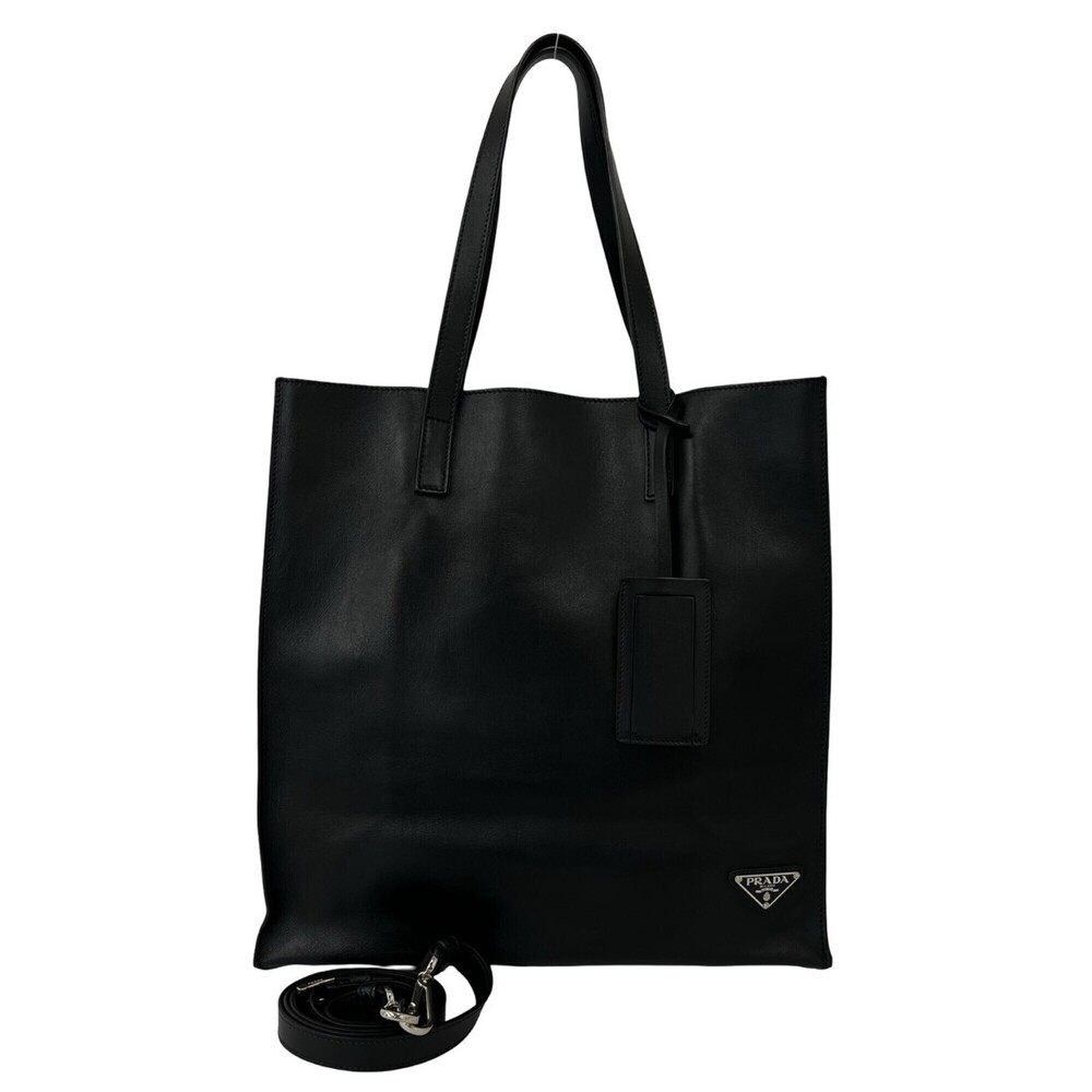 PRADA Triangle Logo Hardware Leather Shoulder Bag Tote Handbag Black 66726